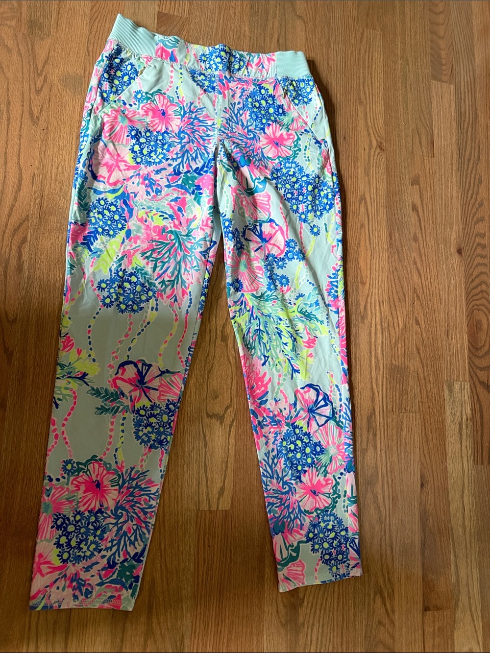 Lilly Pulitzer Mint Floral Track Pants with Pink & Blue Accents